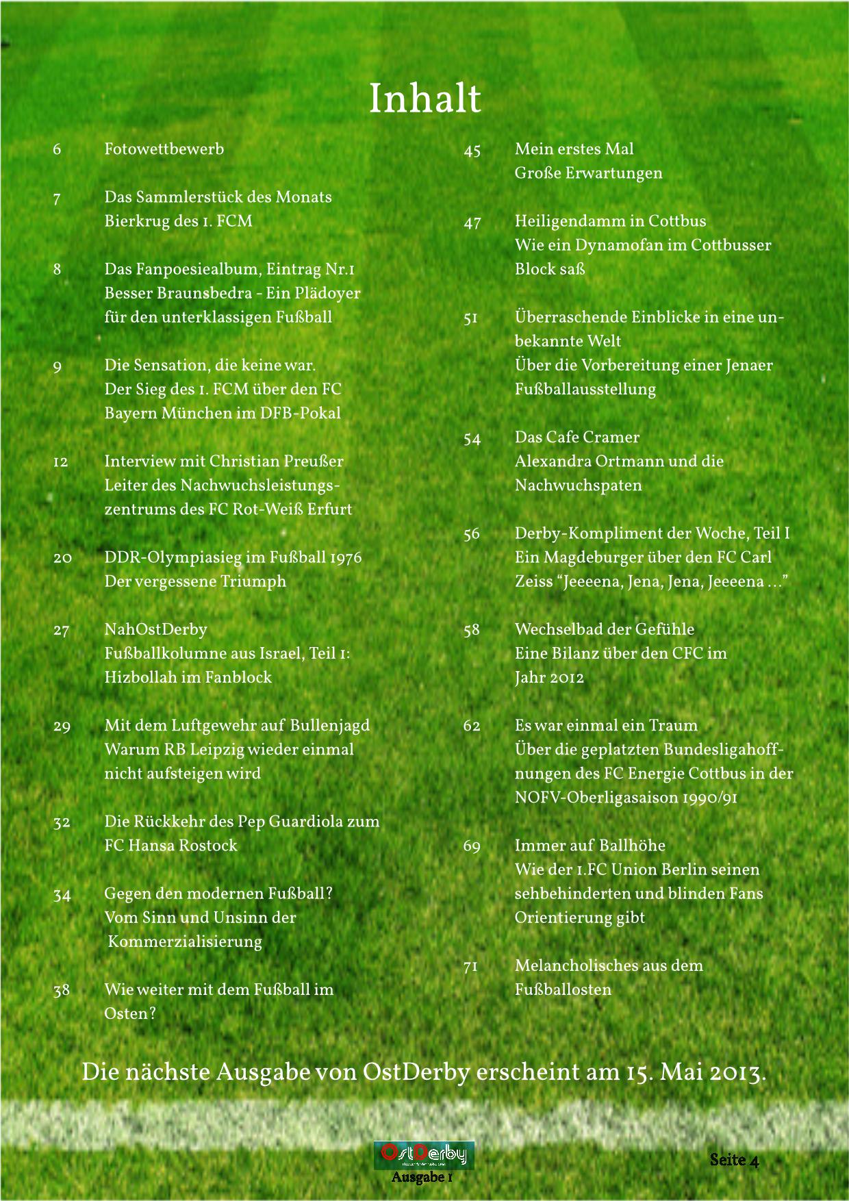 OstDerby Ausgabe 1 - Inhaltsverzeichnis